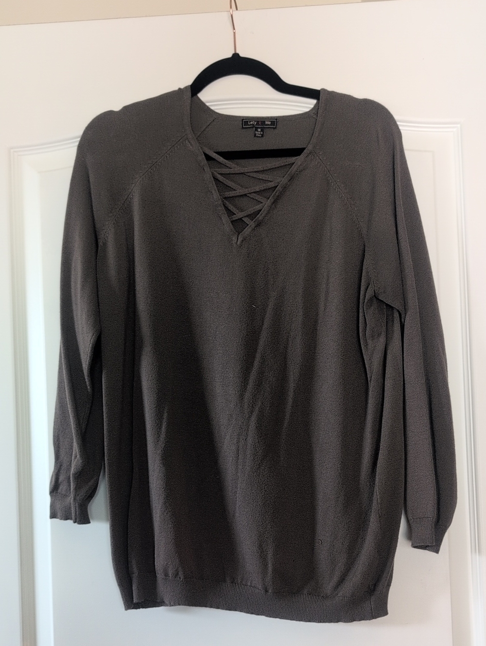Love Tree Gray Lace-Up V-Neck Women's Sweater